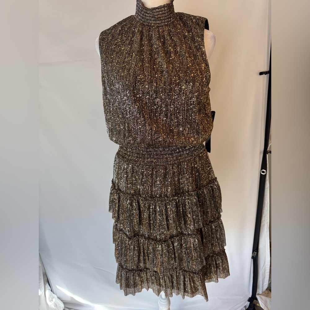 Elegant Sleeveless Metallic/Black Dress, Gather Waist Ruffle Layered Skirt